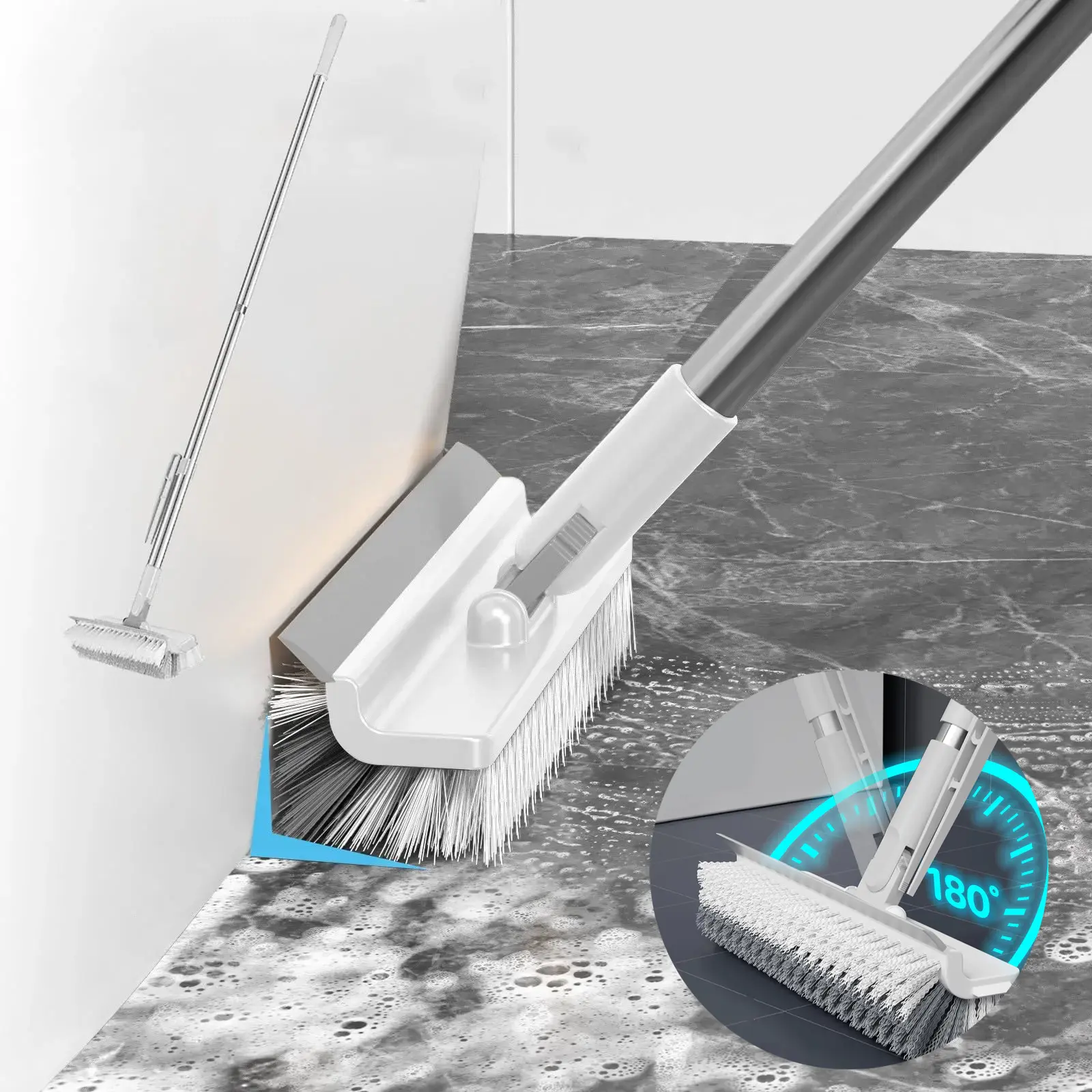 White 5-in-1 Multifunctional Rotatable Crevice Brush Tool - Long Handle, Thick Head, 180° Rotation, ABS/PP Plastic, Brush+Scrape Steps, Removable Washable, Wet or Dry Use, Deep Clean Floor/Corner Grime Lift, Pouch, Home Care Supplies Squeegee