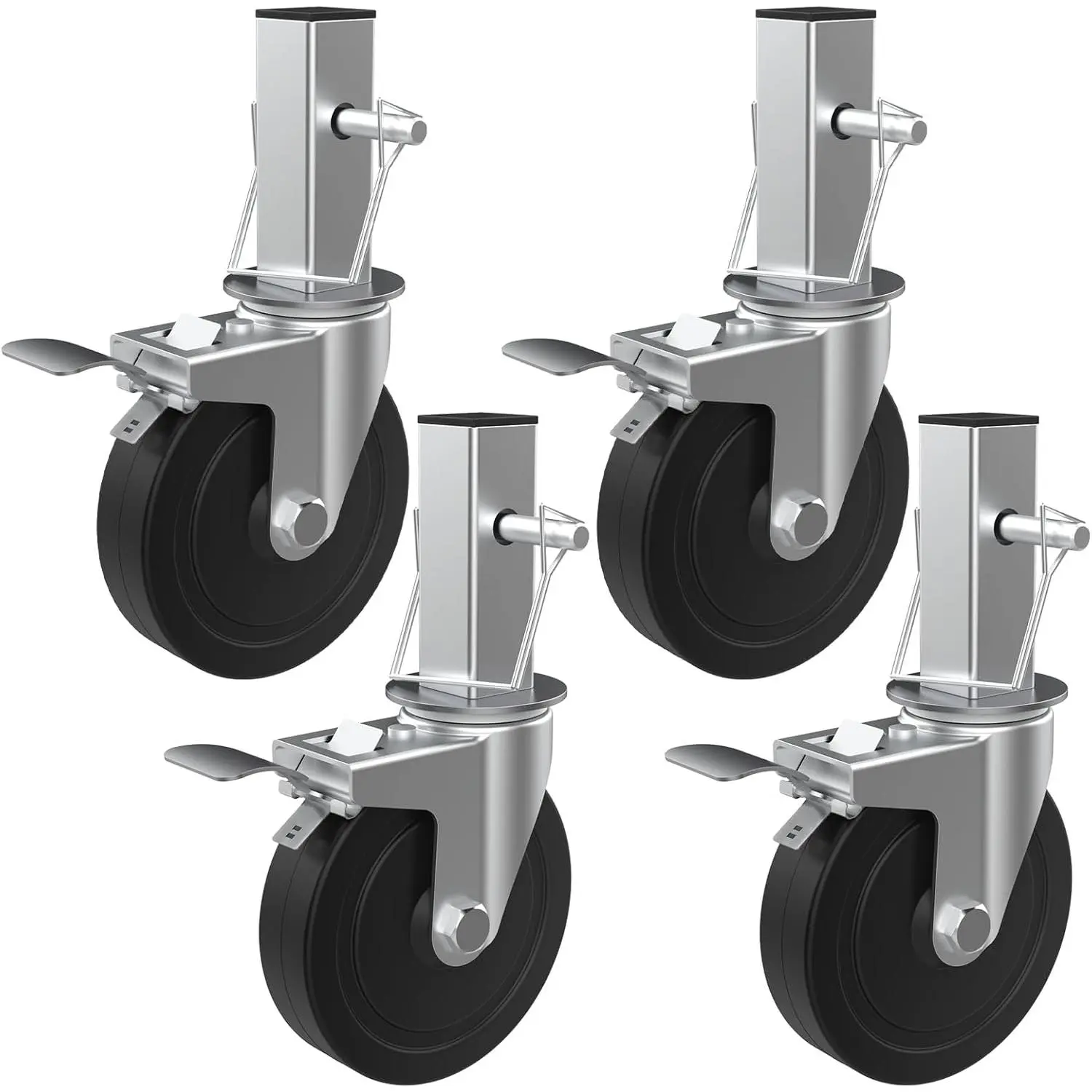 5 Inch Scaffolding Casters, Set of 4 Heavy Duty Baker Scaffold Wheels with Dual Locking Brakes, Rubber Casters Square 1-1/4" Stem Replacement for 6ft Baker Scaffold, 440LBS Capacity per Caster