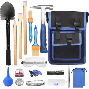 19 PCS Geology Rock Hounding Tools Kit - Includes 24oz Rock Pick Hammer, 3 Digging Chisels, Folding Shovel, Brushes, Pocket Knife, Tweezers, Loupe, Goggles, Whistle and Shoulder Bag