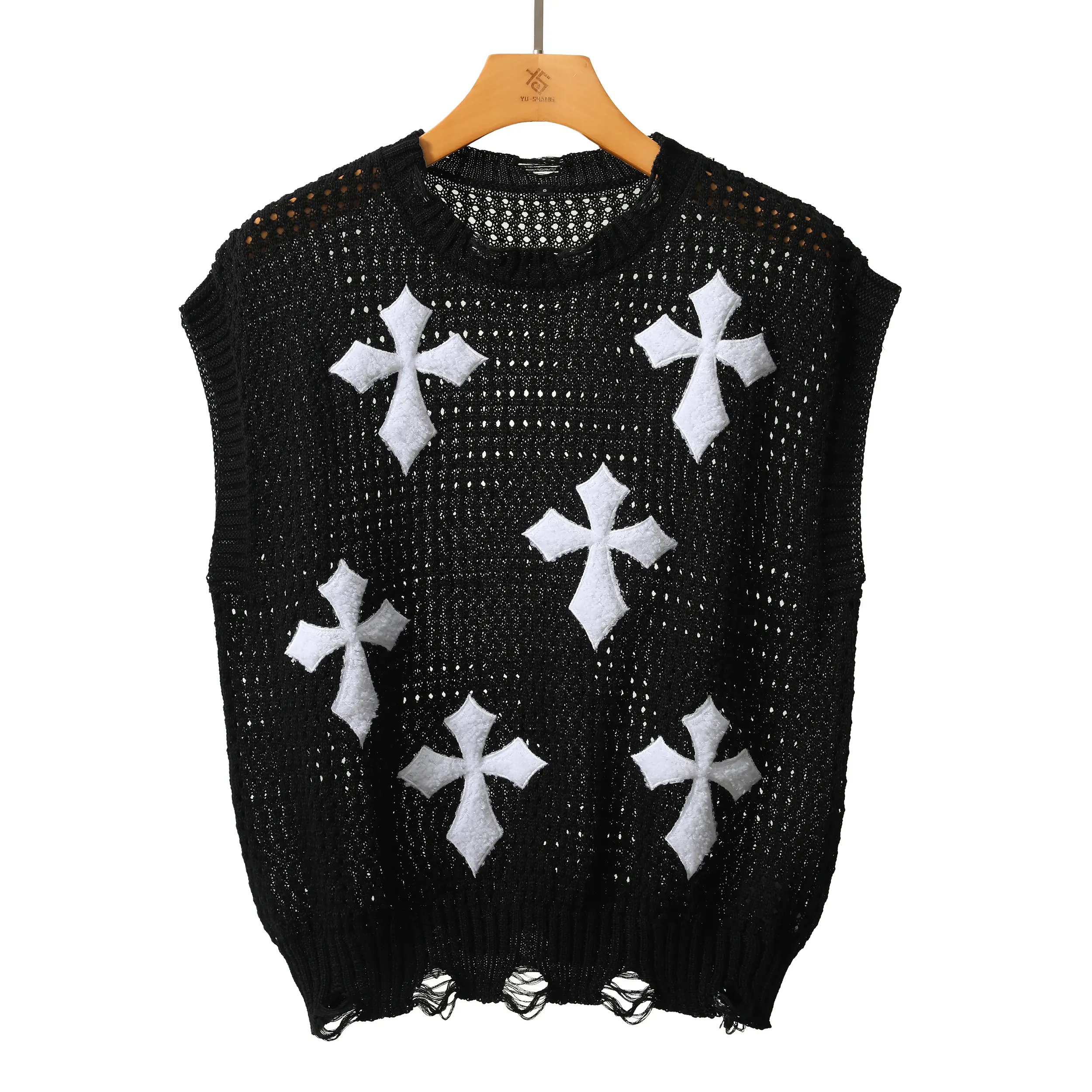Men’s gothic-style sleeveless knit vest with cross embroidery, openwork mesh fabric, crew neck pullover design, raw hem, breathable woven mesh material; vintage punk hip-hop streetwear; ideal for summer beach and everyday wear; sleeveless sweater., Aesthe