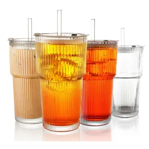 Reusable Ribbed Glass Iced Coffee Cups with Lids and Straws 8PCS Thick Glassware Set with Two Cleaning Brushes for Everyday Use