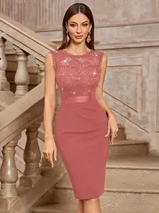 Miusol 54456A Women's Sparkly Formal Wear Sleeveless Retro Scoop Neck Sequin Floral Slim-Fit Mini Cocktail Dress with Contrast Lace Ruffle and Zip