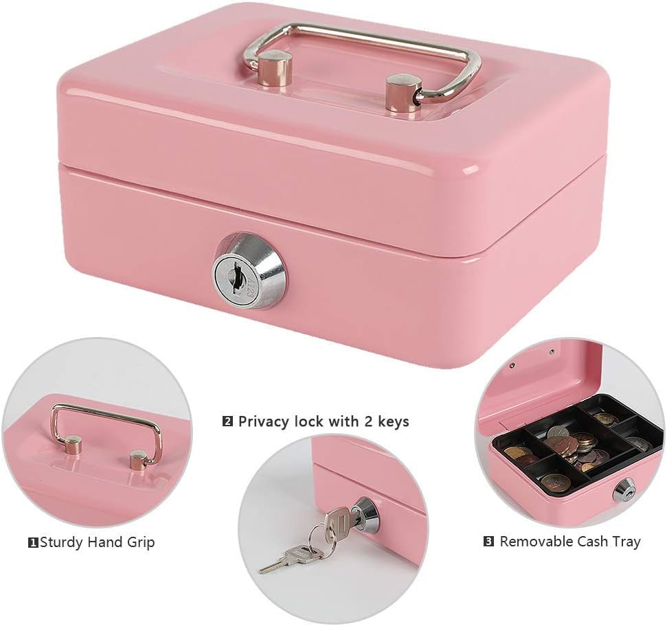 Locking Steel Mini Cash Box with Removable Coin Tray and Key Lock for Kids, 4.92" x 3.74" x 2.36",Pink