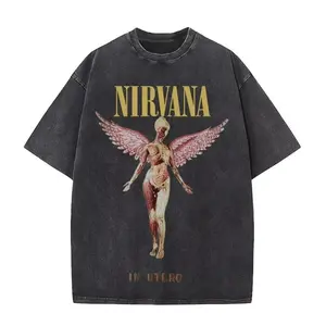 Nirvana rock band men's Retro cotton Washed Tee In Utero album man Women's oversized Y2K distress Tshirt Casual Loose streetwear