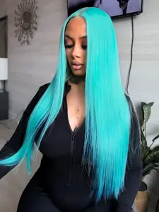 Mint Blue 13x4 Lace Front Wig Free Part Pre Plucked Natural Hairline Heat-Resistant Synthetic Wig Blue Concert Look Straight Wig Coachella Festival Look Lace Frontal Wigs for Women Party Cosplay Stage  28 Inches