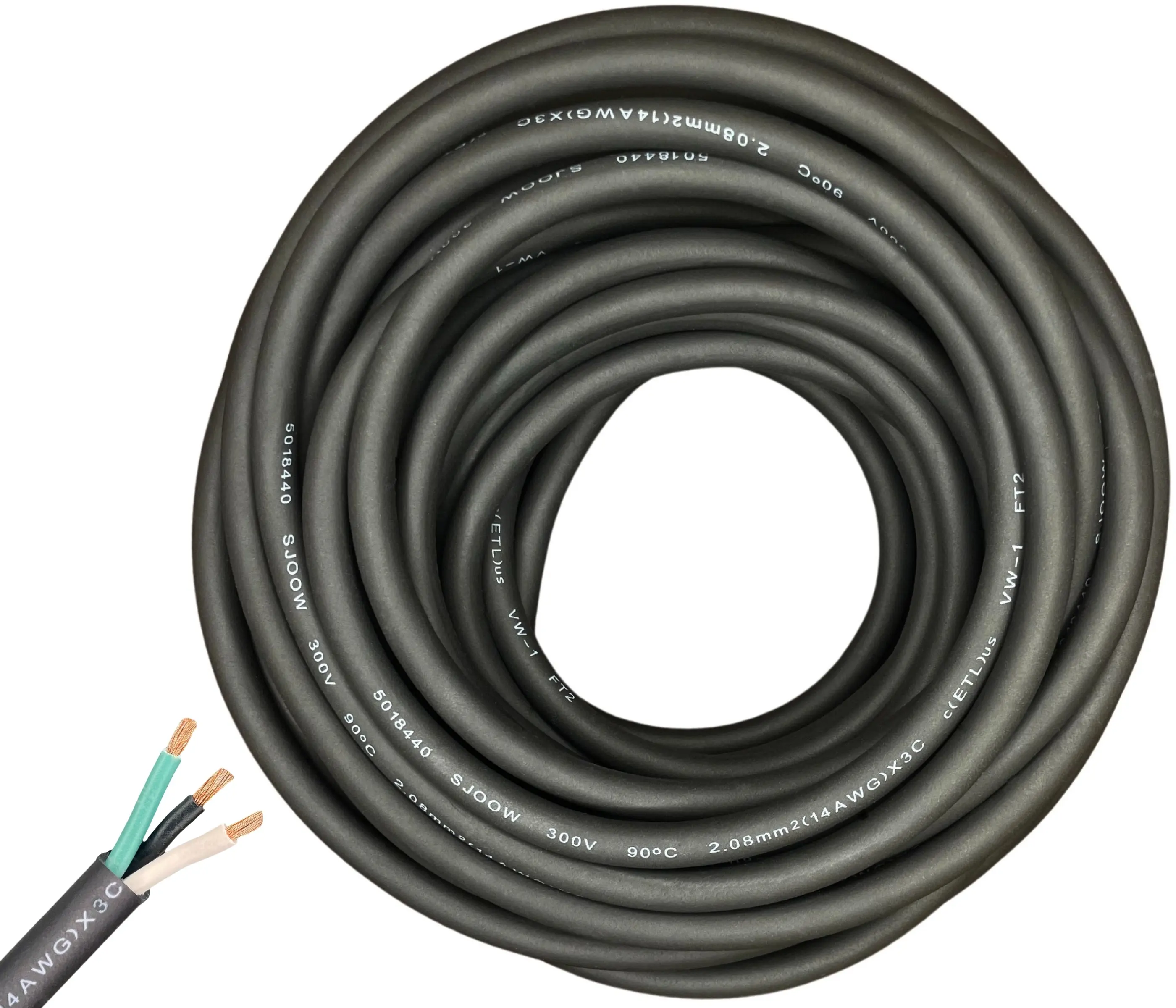 Windy Nation 14/3 SJOOW Pure Copper Cable, 14 Gauge (14 AWG) 3 Conductor, 300V Rating Indoor Portable Power Extension Cord with Ultra Flexible Insulation Jacket, ETL Approved for Heavy Equipment, Safety & Reliability Construction Machinery Mining Environm