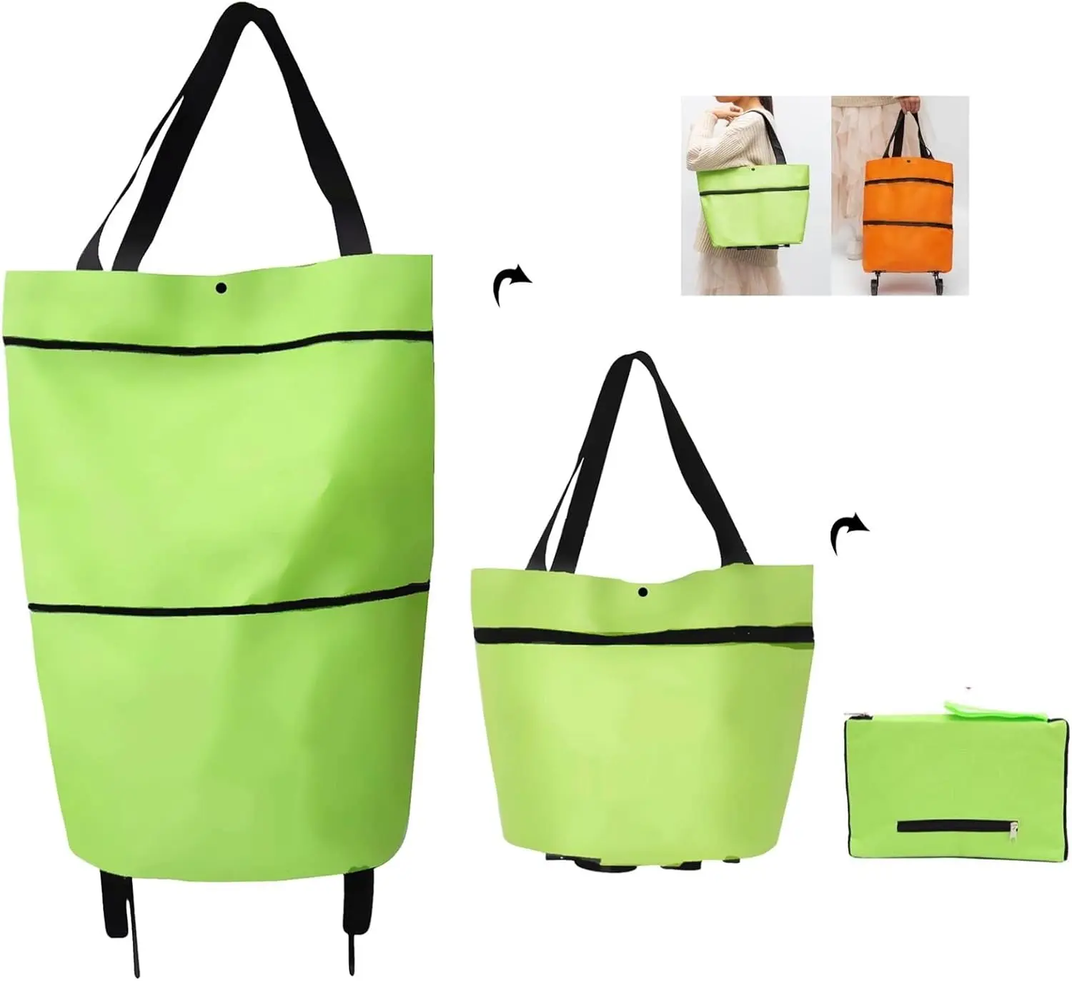 2-in-1 Foldable Shopping Cart with Wheels, 30L Rolling Grocery Tote Bag, Waterproof Collapsible Shopping Bag, Portable Space-Saving Cart for Home & Travel