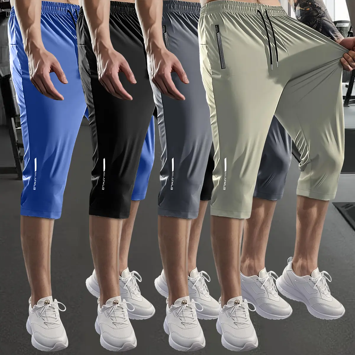 Men's Pocketed Elastic Ice Silk Casual Sports Cropped Shorts - High-Elastic Waist, Drawstring, Zipper Pocket, Reflective Printing, Quick-Dry, Comfortable for Outdoor Running, Riding Training, Pocketed Men's Shorts, Elastic Men's Shorts