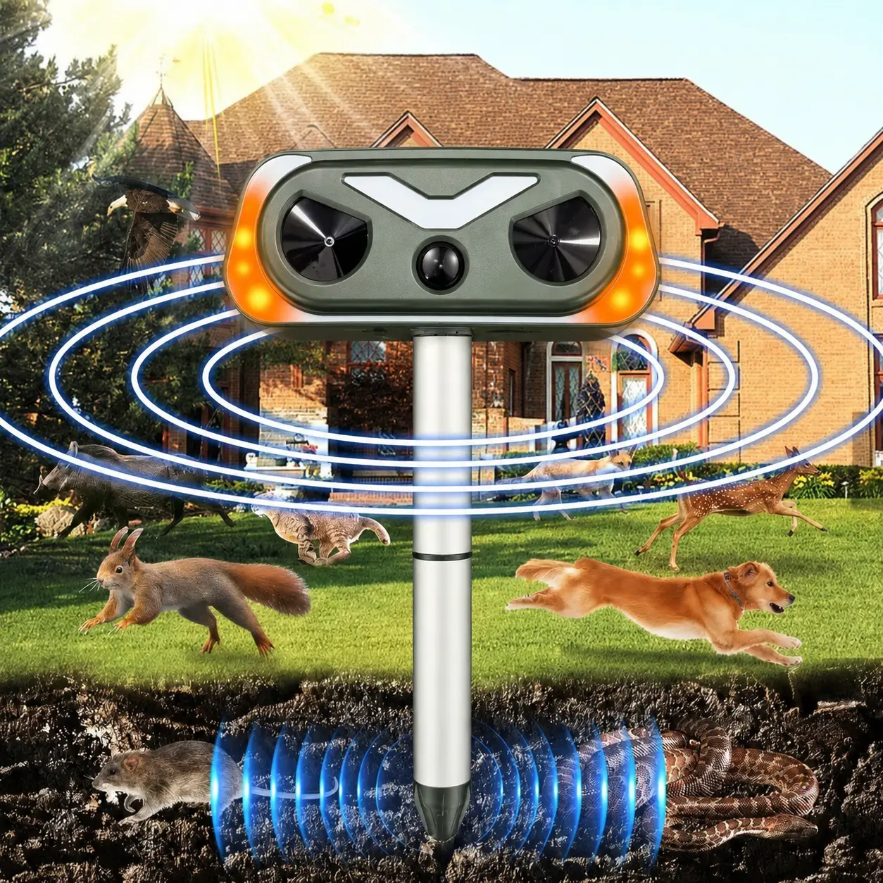 Solar Powered Animal Repeller Outdoor with Flashing Lights & Motion Sensor, Upgraded Waterproof Animal Deterrent Devices for Deer, Cat, Squirrel, Rabbit, Raccoon, Skunk Repellent for Garden