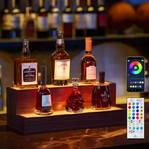 20" Lighted Wine Cabinet - App-Controlled LED Liquor Shelf, Walnut Finish Tool Organizer Rack, Lighted Wine Cabinets
