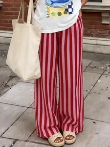 Women's Autumn Winter Casual Pants, Boho Style Striped Pattern, Pocket Tie Design, Comfortable Urban Fashion