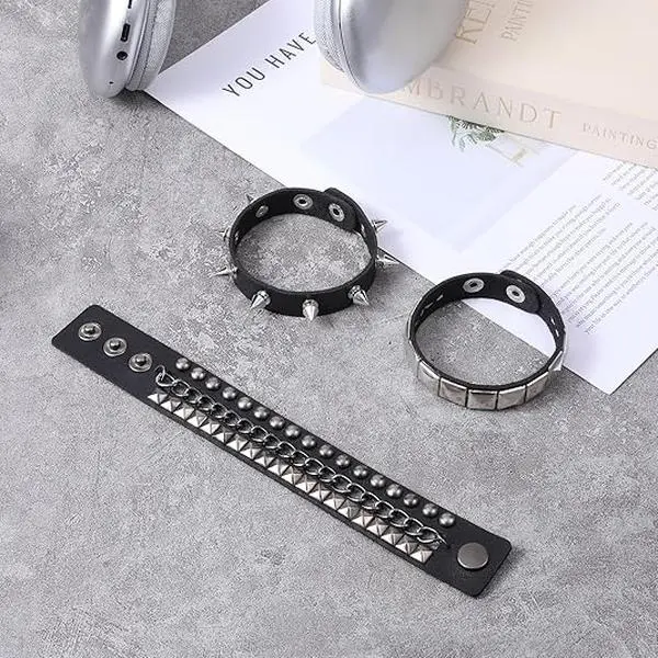 3pcs Punk Studded Faux Leather Bracelet Set - Handmade Faux Leather Cuffs with Studs, Unisex Faux Leather, Perfect for Parties And Gifts