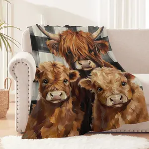 1pc Highland Cattle Print Blanket with Black and White Checkered Background  Soft, Warm Flannel Throw for Naps, Camping, Travel – Perfect Holiday Gift for Classmates, Friends, Family, and Lovers, All-Season Use