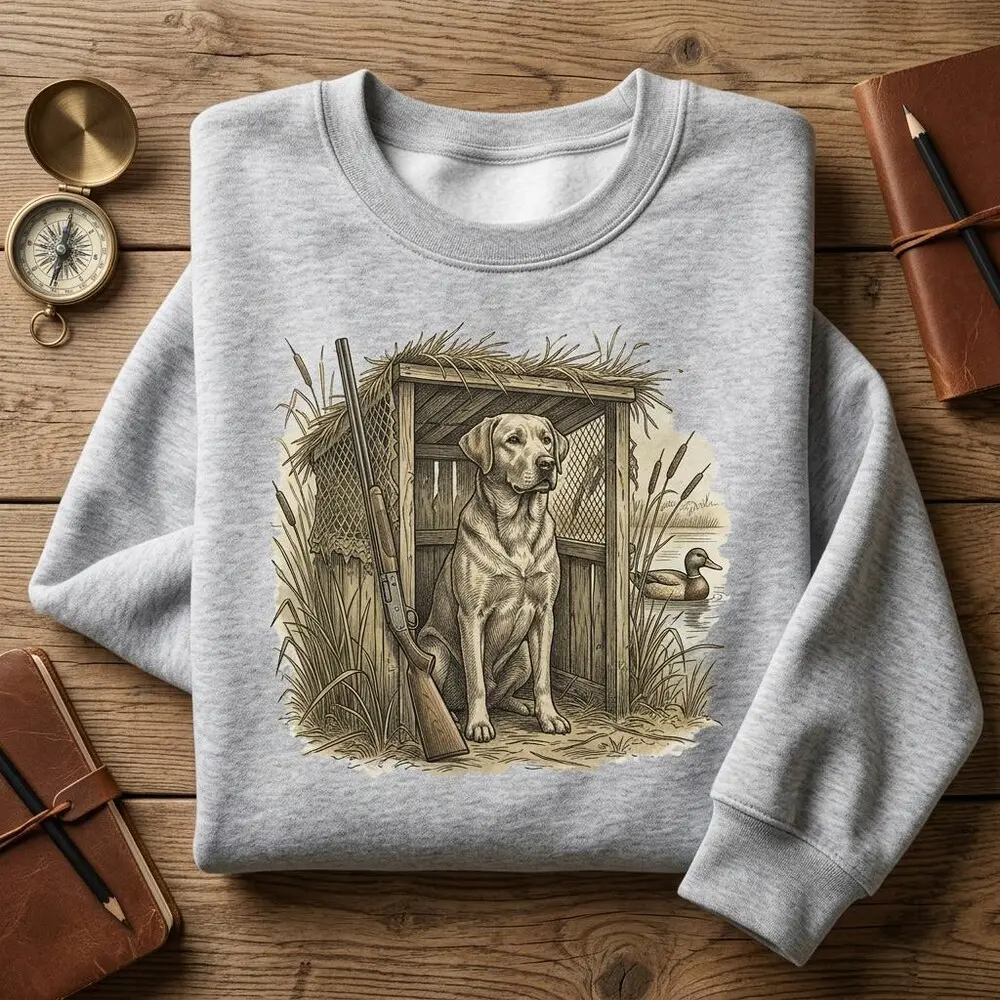 Retro Yellow Lab Sweatshirt for Women, Vintage Duck Hunting Digital Print Top, Cottagecore Long Sleeve Round Neck Wildlife Graphic Pullover, Fitted Cut, Wildlife Print, Do Not Dry Clean, Hunting Gift, Cotton