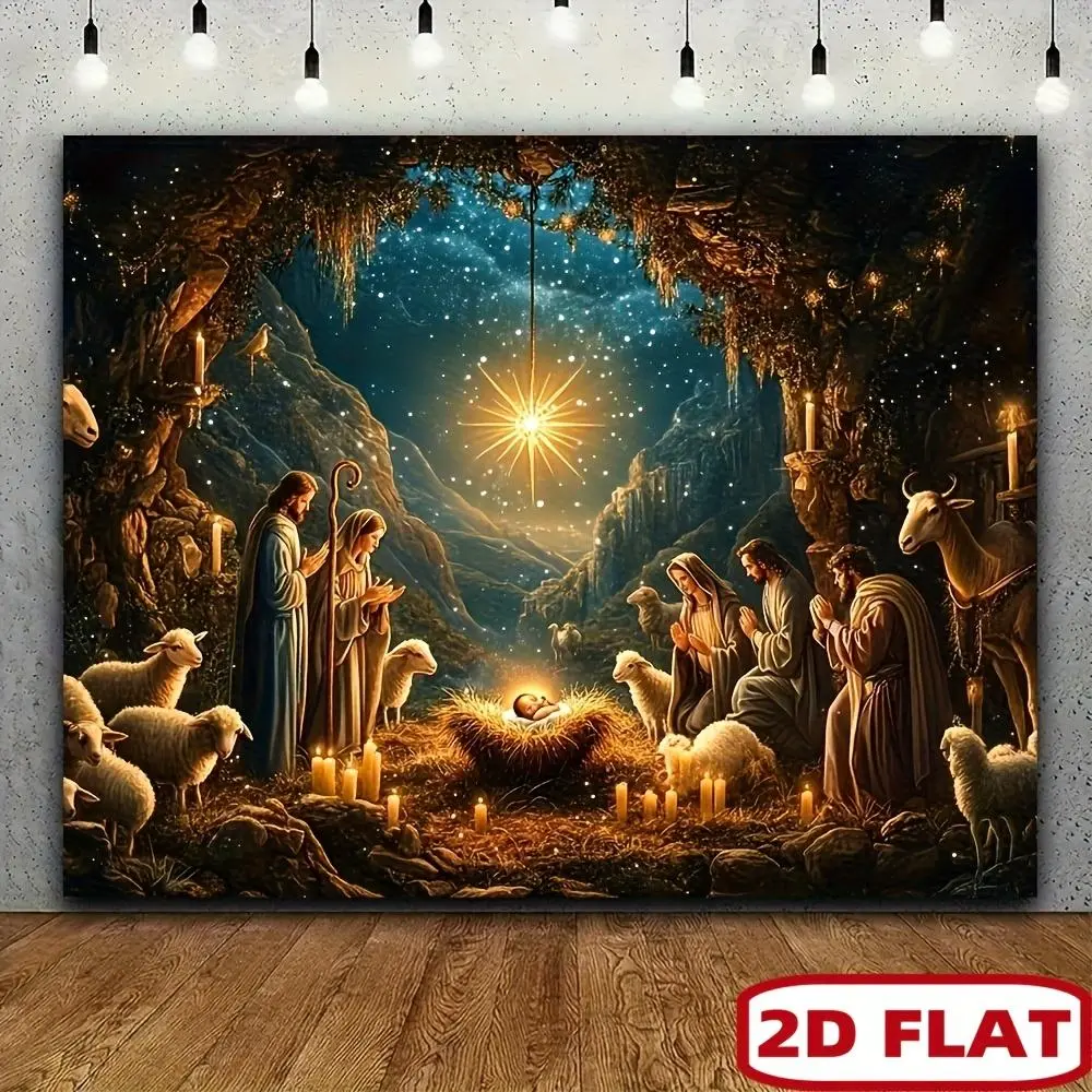 1pc 2D Flat Nativity Scene Christmas Banner Ornaments - Polyester Party Decorations Banners, Starry Sky Wall Hanging Backdrop with Holy Family, Candles, Sheep, Versatile Indoor-Outdoor Home Festive Decor for Photography, Parties