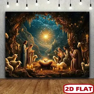 1pc 2D Flat Nativity Scene Christmas Banner Versatile Indoor & Outdoor Holiday Decor Holy Family Photo Backdrop with Starry Night Sky Candles and Sheep Polyester Material Perfect for Photography & Party Supplies Chri Ornaments