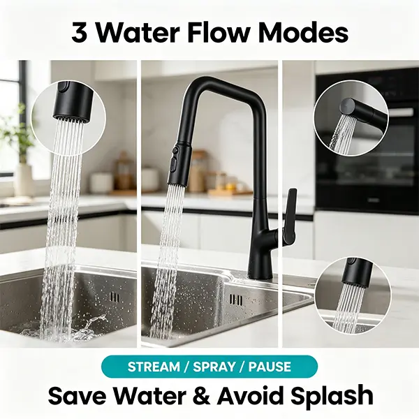 Matte Black Pull-Out Kitchen Faucet - 3-Function Spray Head with 1-Touch Switching, 360° Swivel High-Arc Sink Faucet, 23.6in Hose, Pre-Assembled Solid Metal Water Saving FastConnect DIY Installation for Modern Kitchens