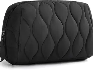 Puffy Padded Makeup Bag for Women - Wide-Open Travel Cosmetic Organizer Pouch for Toiletries & Brushes (Black)