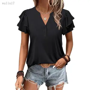 Women's Ruffle Short-Sleeve V-Neck Polyester Blouse - 2026 Loose Button-Up Outdoor Top, Elegant Dressy Casual Shirt for Business Work, Summer Fit Fabric, Shortsleeve