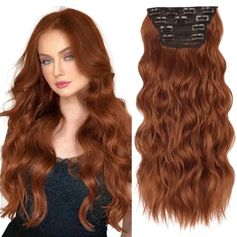 Sohochic AISI Clip in Hair Extensions for Women - 4PCS 20 Inch Thick Loose Wave Synthetic Hairpieces, Natural Look, Safe for Cutting, Perming & Washing, Black Brown Afro Curly Box Braids, Curly Brown Highlighted, Water Wave