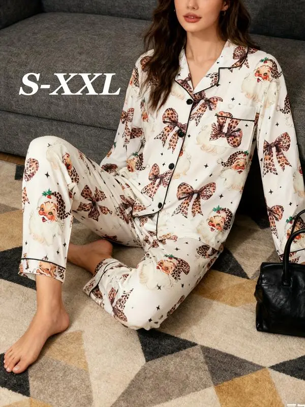 Santa Snowman Pajama Set, Women's Christmas Long Sleeve Sleepwear, Button Down Holiday Lounge Set, Festive Winter Gift