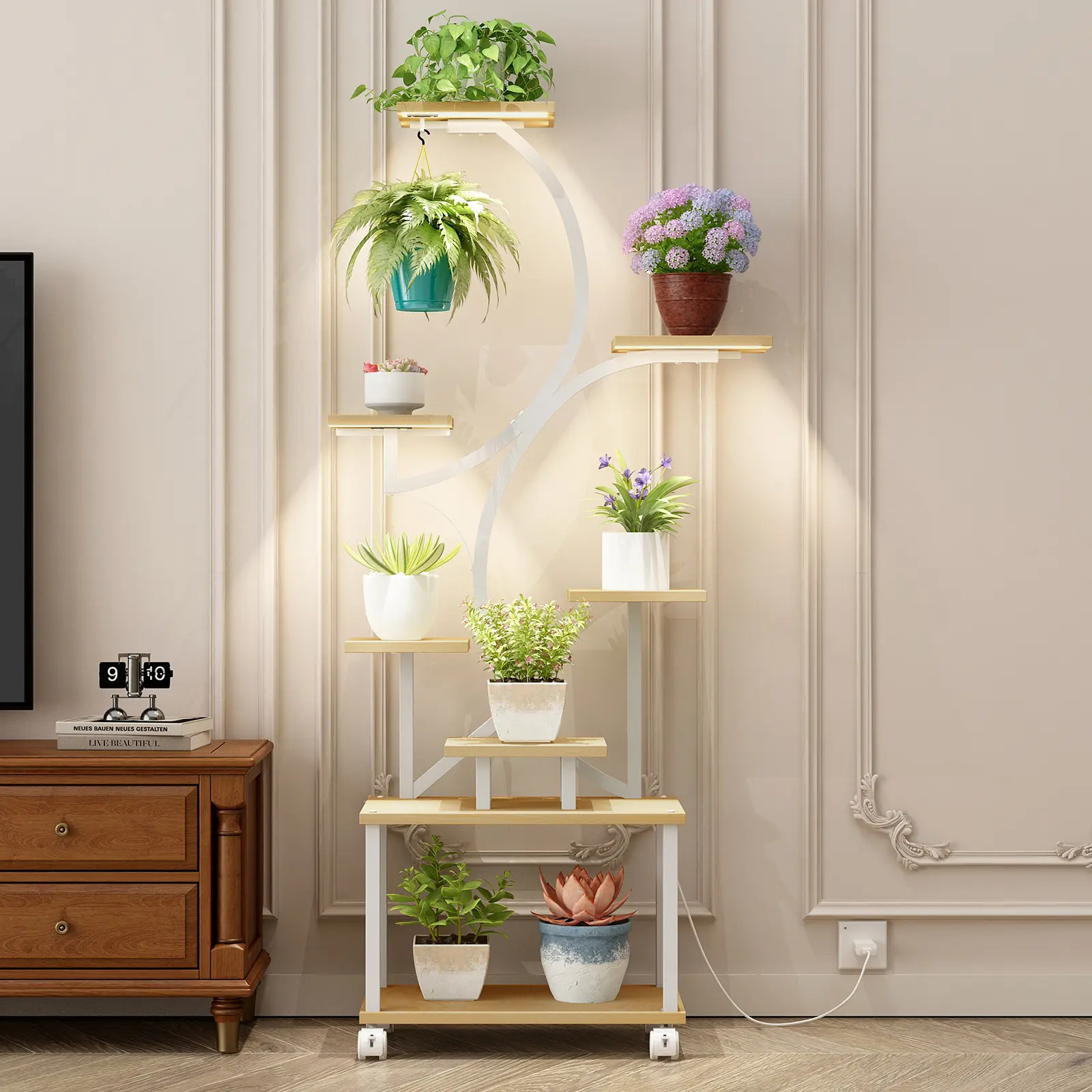 62 Inch Tall 8-Tier S-Shaped Plant Stand with Grow Lights, Natural Wood Corner Indoor Plant Shelf, Large Flower Holder Display Rack for Living Room, Bedroom, Balcony, Multiple Plants Organizer, Home Furniture and Household Product Search Terms