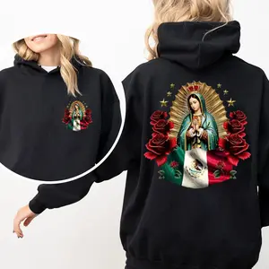 Mexican Heritage Hoodie, Our Lady of Guadalupe Hoodie, Virgin Mary Graphic Sweatshirt, Mexican Flag Rose Hoodie, Religious Art Pullover, Catholic Gift Hoodie for Women