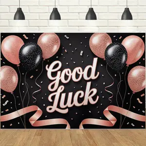 1pc 2D Rose Gold Good Luck Banner, Glitter Balloons & Ribbon Design, Premium Black Background Vibe, HD Print, Perfect for Graduation / Farewell Party / Grand Opening & Good Luck Event Decor Backdrop
