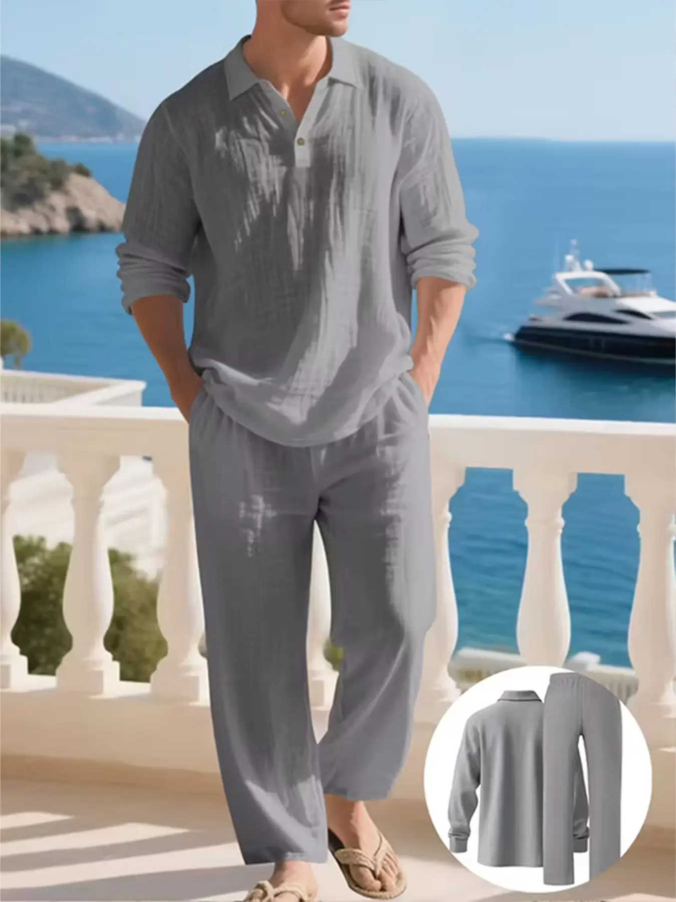 Men's casual long-sleeved Cuban-style Henry shirt + loose pants Matching set, ideal for beach vacation, comfortable and breathable linen fabric, fashionable for spring and summer