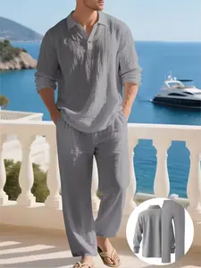 Men's Casual Long Sleeve Cuban Shirt + Loose Pants Set, Beach Vacation, Comfortable Breathable Linen Fabric, Summer Fashion