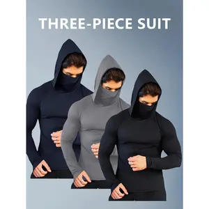 Tiemuzhen 3-Piece Four Seasons Men's Quick-Dry Windproof Hoodie with Face Shield Lightweight High Elastic Compression Sportswear for Outdoor Activities Running and Fitness HE375403