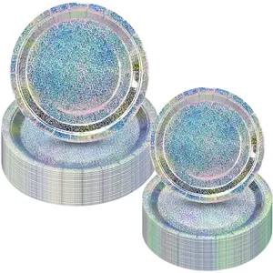Holographic 100-Pack Iridescent Rainbow Paper Dinner Plates - 7" & 9" Round Metallic Shimmer Plates for Celebrations in Iridescent Collection birthday plate baby shower plate plates set for party