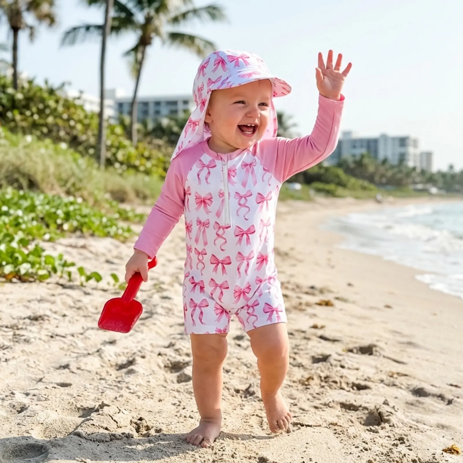Toddler Girl's Bow Print Swimsuit Set, Long Sleeve Swimsuit Style Jumpsuit with 1 Hat for Pool & Beach, Polyester Elastane Blend, Sizes 0-3 Months - 2-3 Years, Matching Hat, Pool Beach Wear, Adorable Bow Print