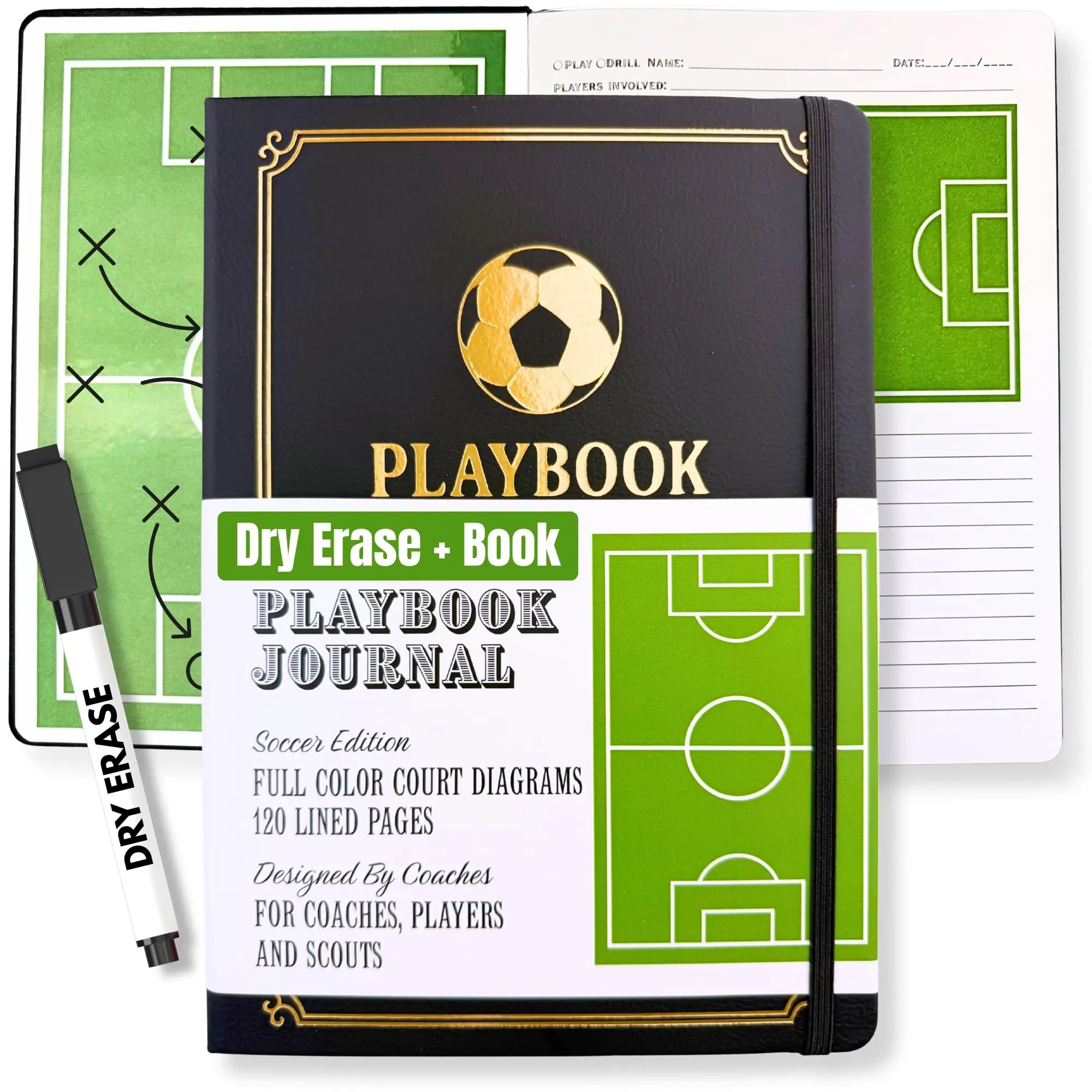 Soccer Coach Playbook Planner with Dry Erase Tactical Board, Black Vegan Leather Notebook for Drills, Strategy & Coaching