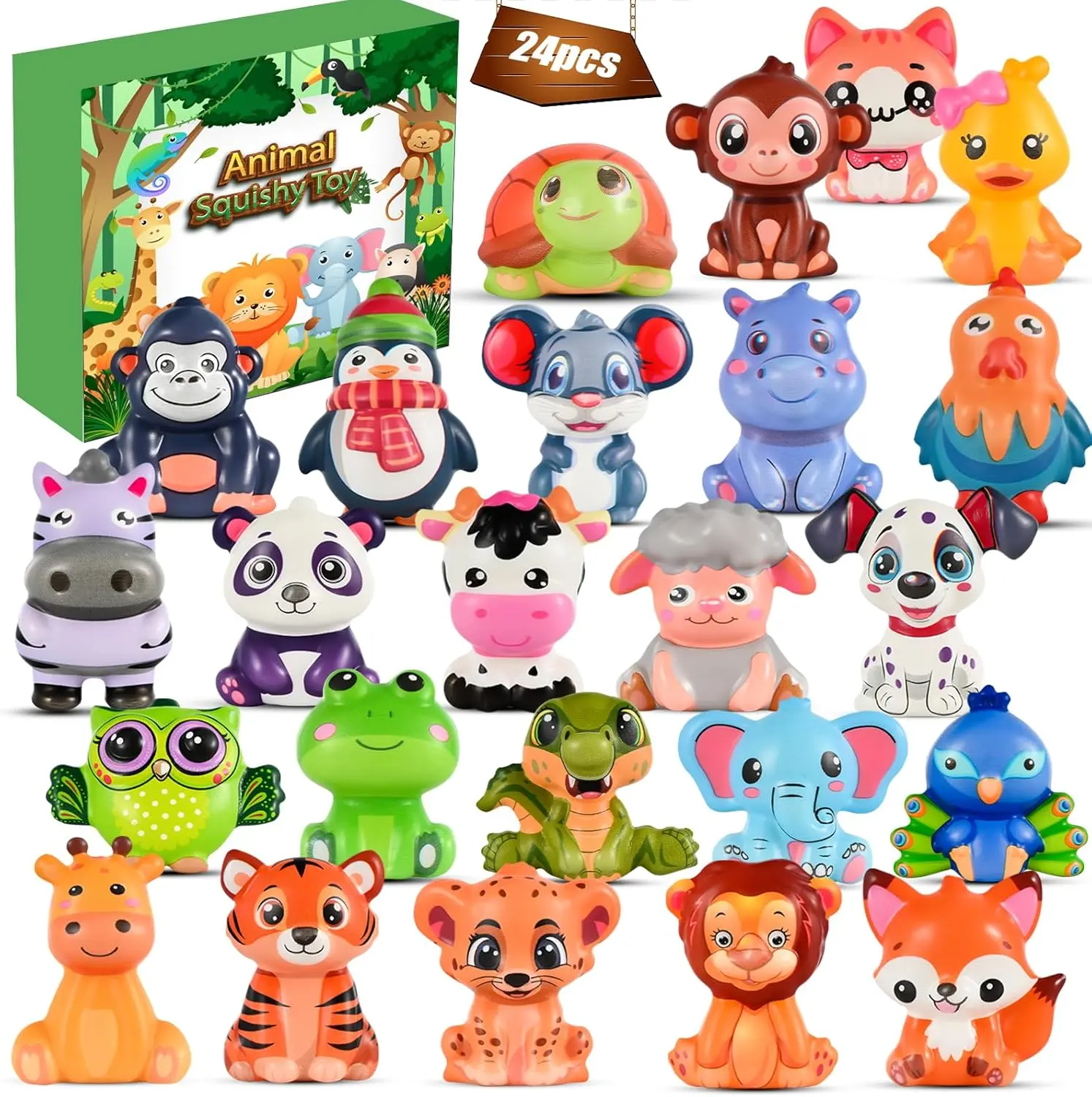 24PCS Animal Squishy Toys Party Favors for Kids, Safari Wild Jungle Goodie Bag Fillers, Pinata Stuffers, Treasure Box Classroom Prizes, Birthday Party Decorations, Halloween Christmas Stocking Stuffers