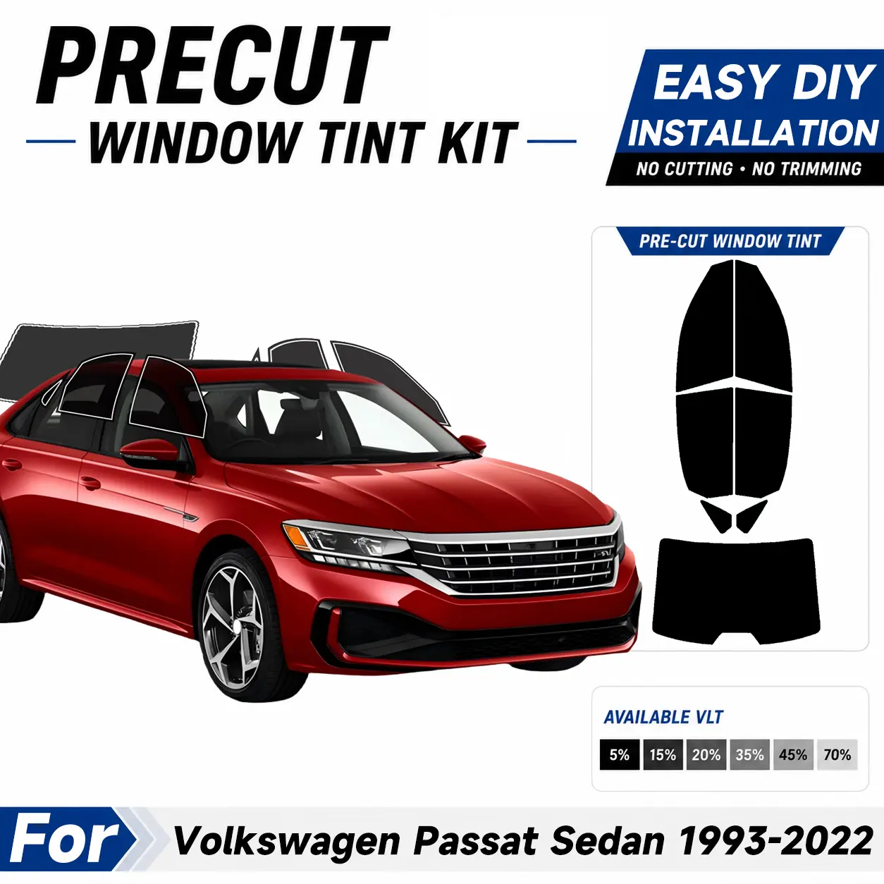 Precut Window Tint Film for Volkswagen Passat Sedan 1993-2022 All Side+Rear Windshield Any VLT 2Ply Anti-Shatter, UV Block, Privacy Protection, No Trimming Needed,Heat & Glare Reduction