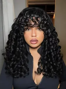 18 Inch Curly Wigs for Women with Bangs, Gorgeous Fluffy Synthetic Machine-Made Wigs for Parties and Daily Wear