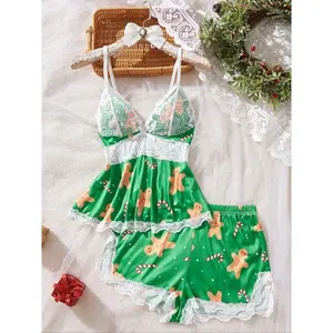 Women's Christmas Pajama Set, Comfortable Casual Sleeveless Top & Elastic Shorts, All-Season Fitted Sleepwear Gift