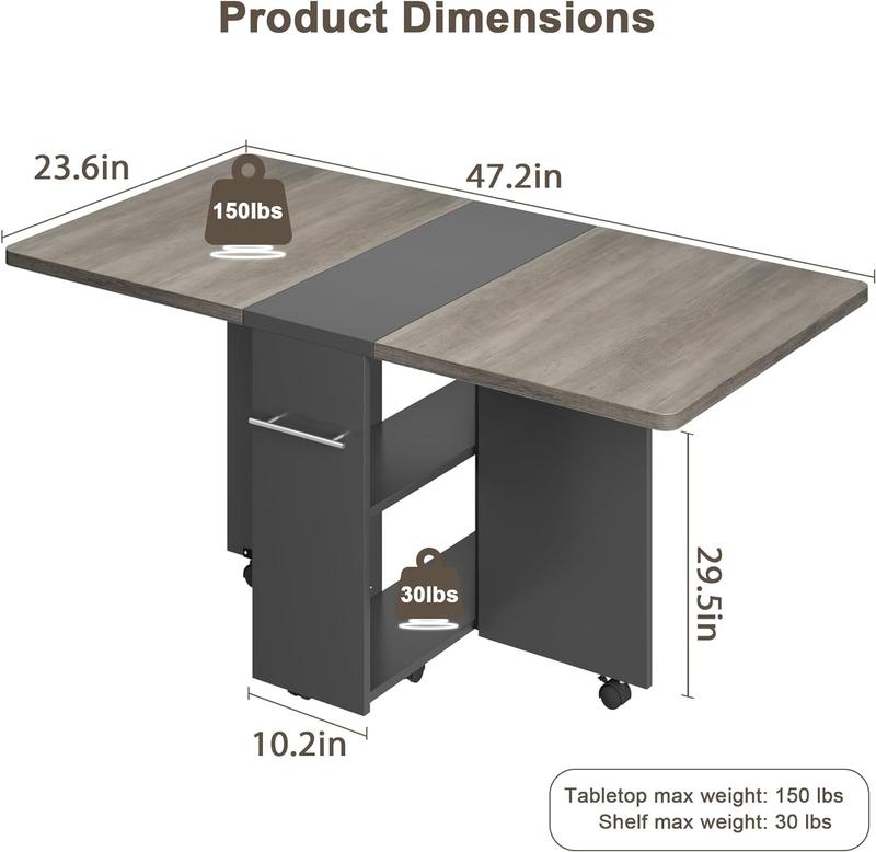 【 table only 】 FoldingTable, Drop Leaf Dining Table with 6 Wheels and 2-Layer Storage Shelf, Space Saving Table for Small Spaces (Dark Walnut, 50.1" D x 31.4" W x 29.5" H)