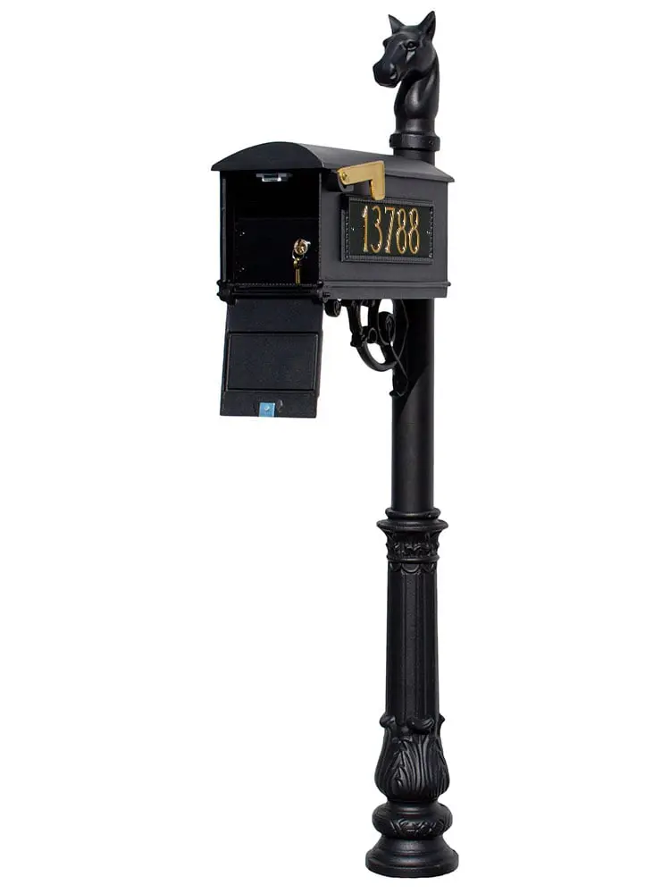Lewiston LMC-LKIT-701-BL Locking Mailbox Insert Post System - Black, Ornate Base, Horsehead Finial, 3 Cast Plates