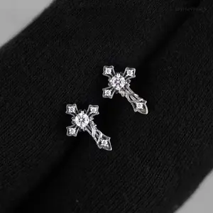 Moissanite Gothic Cross Earrings, Vintage Vine Design, 925 Sterling Silver Studs
