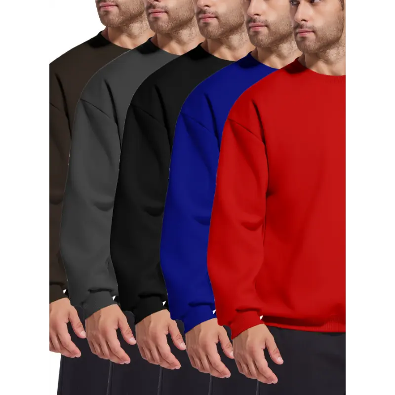 5pcs Ribbed Solid Color Crew Neck Sweatshirts with Comfort Fit - Machine Washable Casual Long Sleeve Pullovers for Outdoor & Leisure