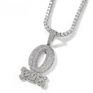 Hip Hop Trend Full Diamond O BLOCK Zircon Letter Pendant Necklace Men's Fashion Simple Jewelry Accessories