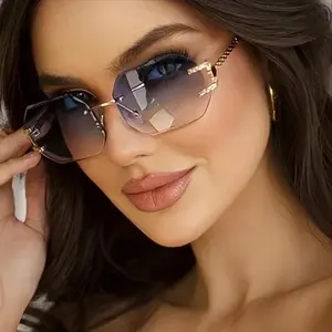 Women’s Luxury Rimless Geometric Sunglasses | Oversized Octagon Design with Blue-to-Pink Gradient Lenses & Gold Metal Frame - Stylish High-Fashion Accessory for Everyday Wear, Beach Days & Glamorous Outfits