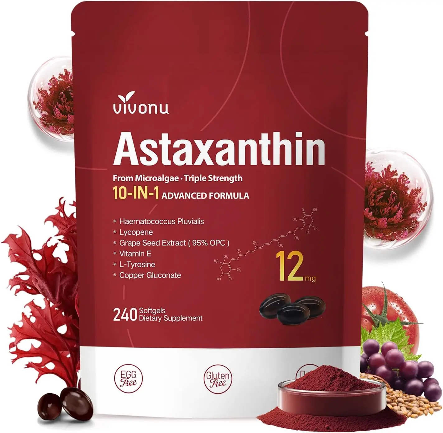 VivoNu 10 in 1 Astaxanthin 12mg Supplements Softgels, 4 Month Supply, 1 Bag | Astaxantina Antioxidant from Fresh Haematococcus Pluvialis, Supports Eye, Skin, Contains Lycopene, Grape Seed, Vitamin E