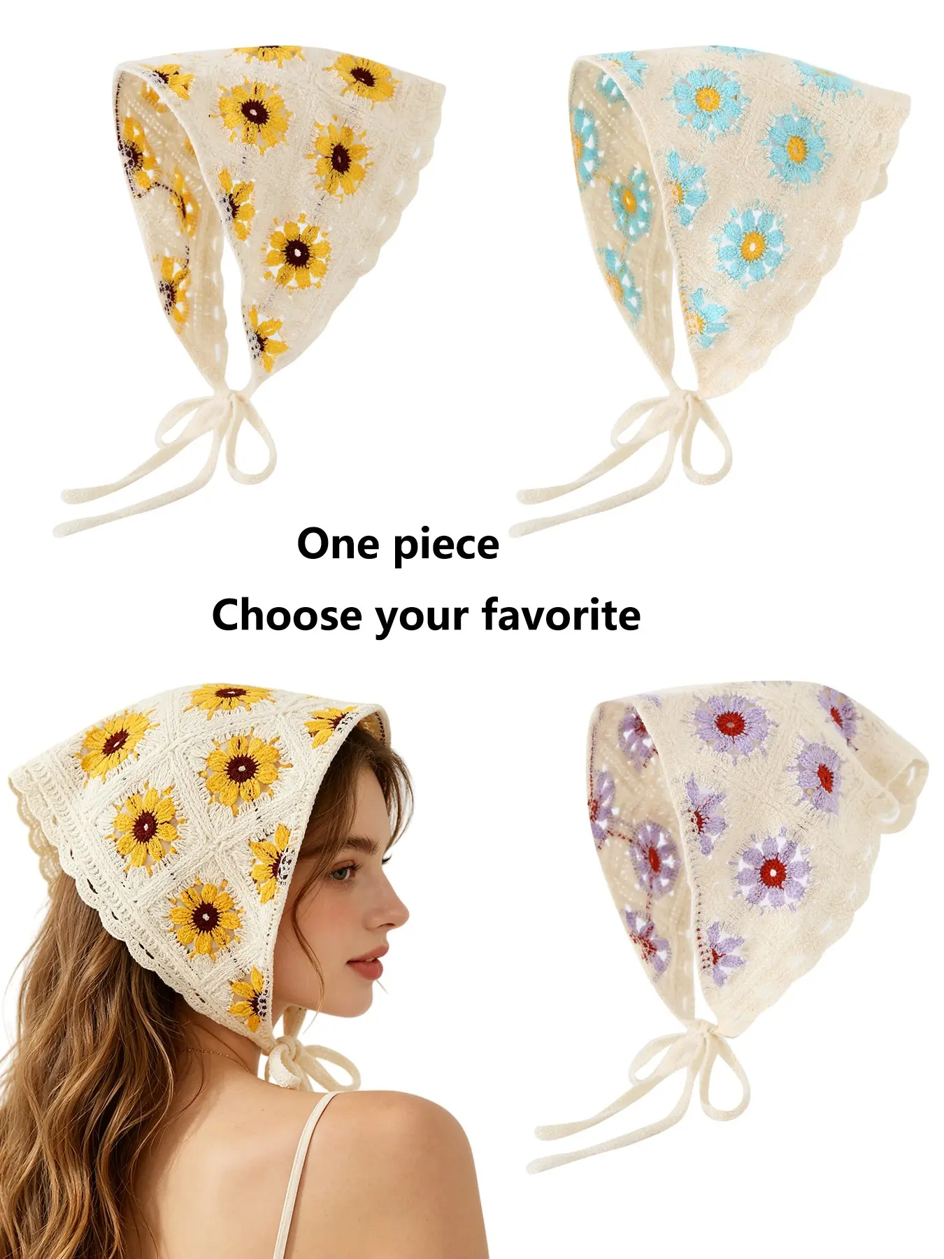 Triangular Headscarf Hat, Daisy Pattern Wave Edge, Turban Hat for Women, Casual Fitted Design, All Seasons Wear, Daily Use Accessory