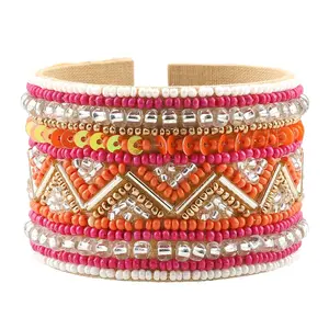 Glass Seed Bead Goldtone Cuff Bangle Bracelet for Women Jewelry Birthday Christmas Gifts