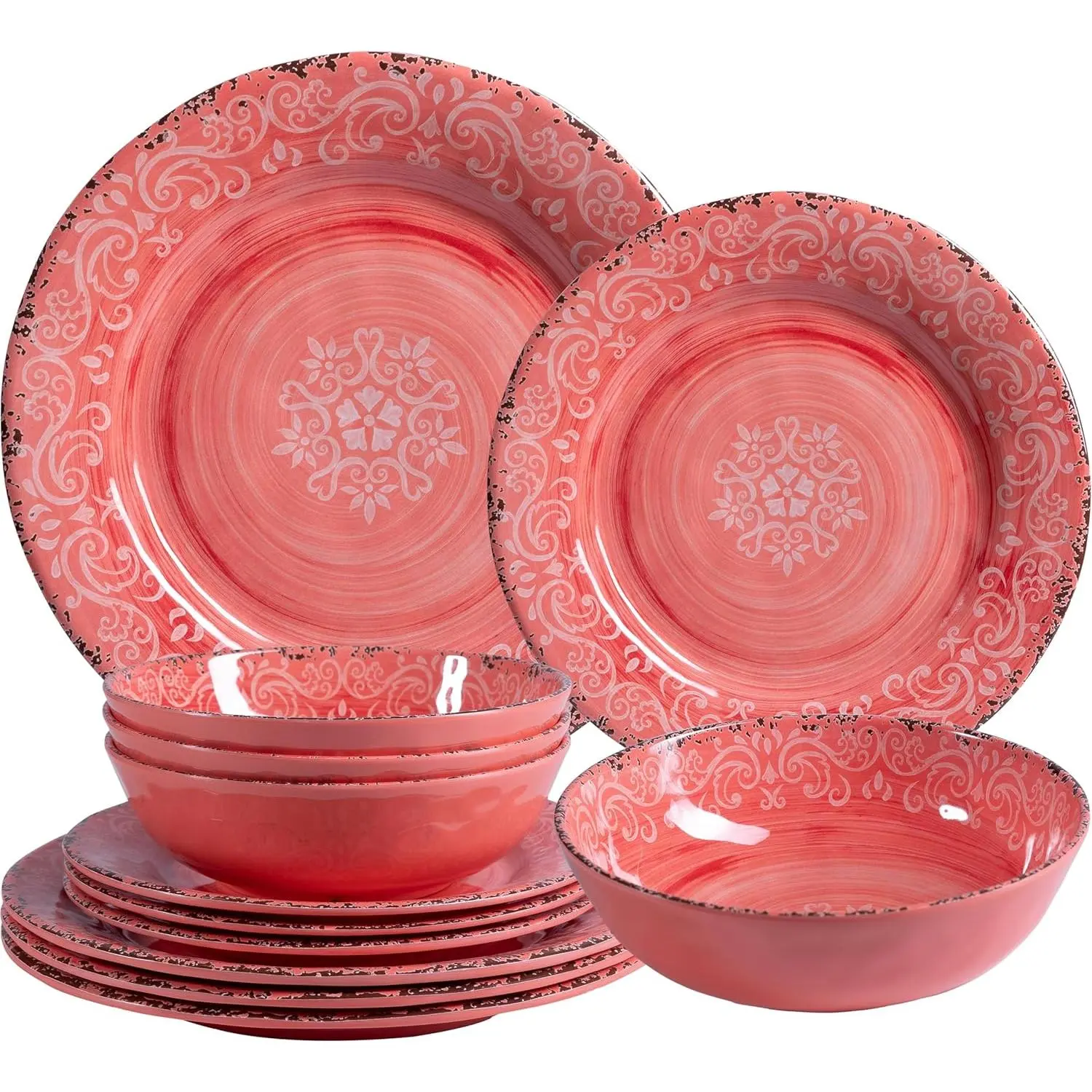 Rustic Floral Farmhouse 12-Piece Round Melamine & Ceramic Tableware Set - Unbreakable, BPA-Free Blush Pink Pastel Plates & Bowls, 4-Piece Subsets for Indoor Dining, Anniversary Celebrations