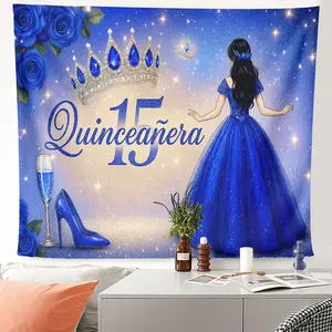 1pc Quincea?era 15th Birthday Celebration Tapestry for Event Party Backdrop - Blue Princess Gown & Crown Wall Decor, HD Printing Aesthetic Wall Art, Polyester Home Decoration