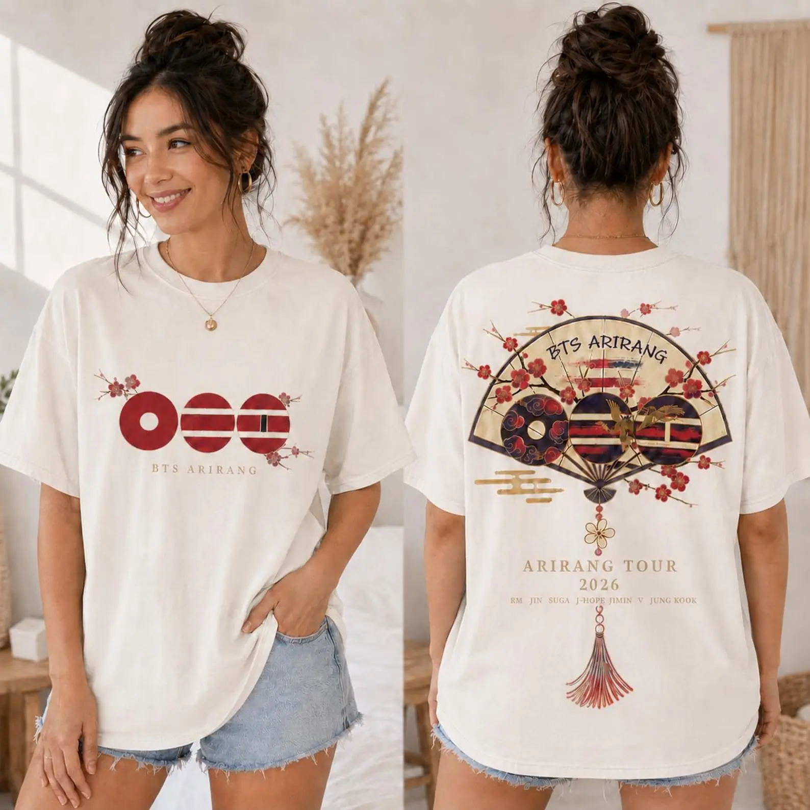 Arirang Korean Folding Fan Shirt | Two Sided Cherry Blossom Tour 2026 Tee, Red Black Kpop Concert Outfit, Army Fan Gift
